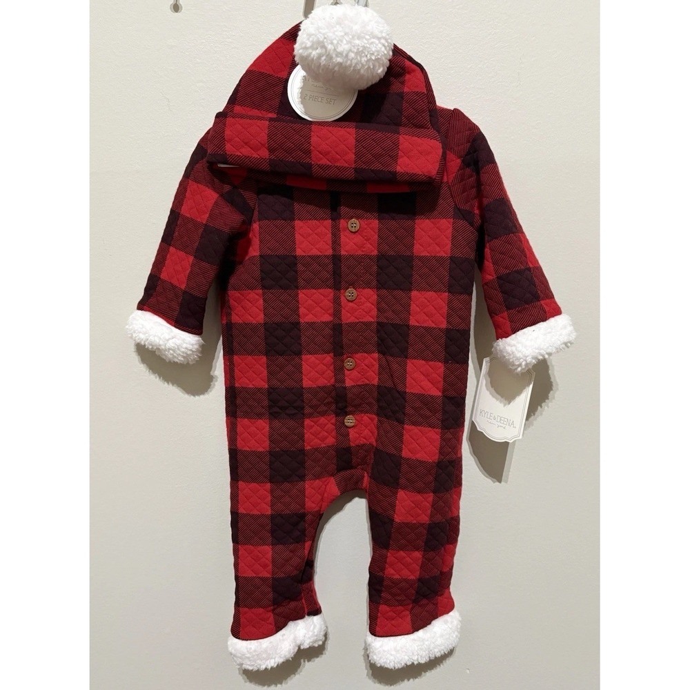 Kyle & Deena Baby Quilted 2 Piece Sherpa Christmas Romper & Hat 0-3M Red Plaid